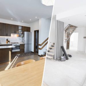 Home renovation concept. Before and after interior in modern style